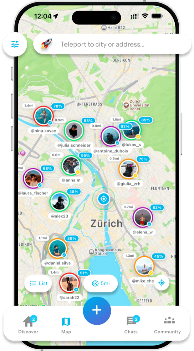 GoXtra live map showing nearby adventure buddies with match scores